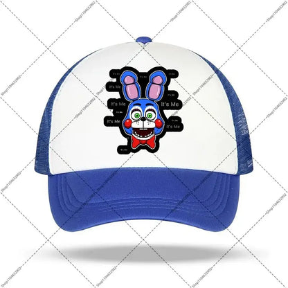 Blue and white five nights at freddy baseball cap with cartoon bunny face green eyes red cheeks and it s me text