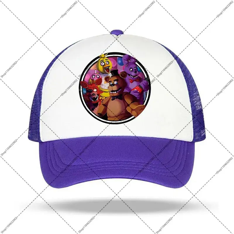 Purple and white five nights at freddys baseball cap with circular graphic of characters for kids and adults