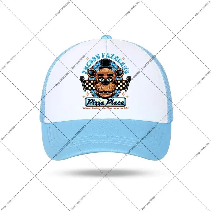 Light blue and white five nights baseball cap with freddy fazbears pizza place logo and animatronic bear center design