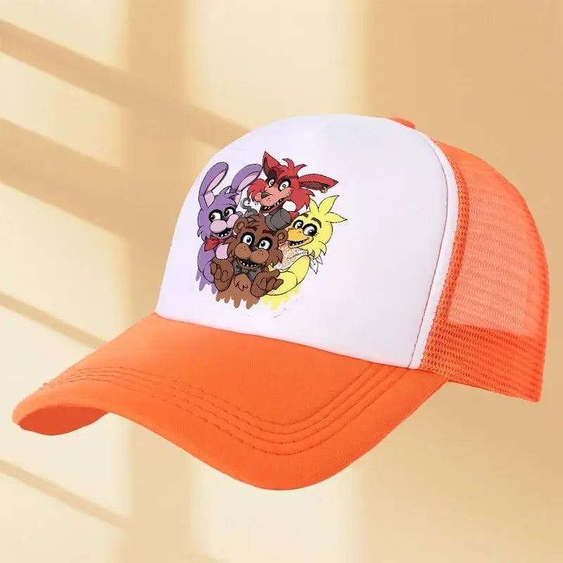 Orange and white baseball cap featuring colorful five nights at freddys characters for kids and adults