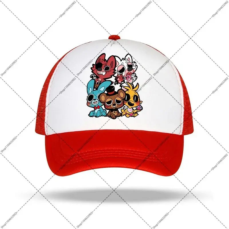 Red and white trucker baseball cap with colorful five nights at freddy’s characters graphic for kids and adults