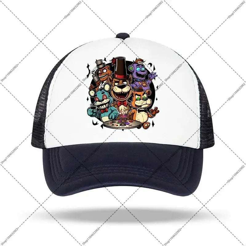 White and black five nights at freddy’s baseball cap featuring colorful characters for kids and adults