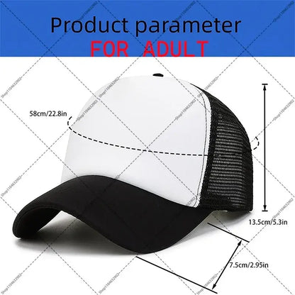 White and black five nights at freddys baseball cap with mesh back and curved brim for kids and adults
