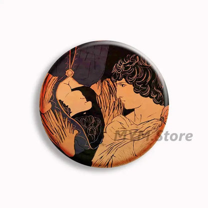 Circular forsaken telamon button pin featuring two classical figures in orange and black on a glossy surface