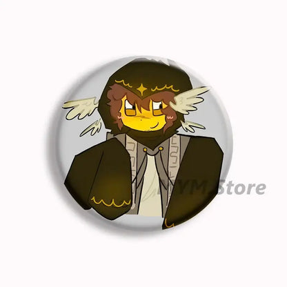 Circular forsaken telamon button pin featuring a cartoon character with brown hair white wings and dark green cloak