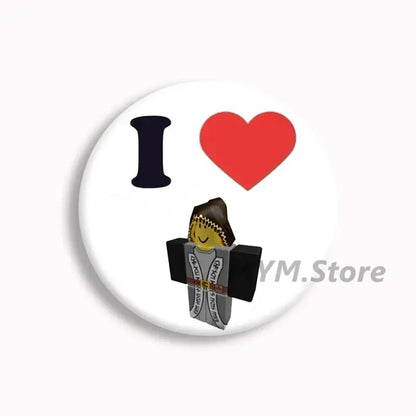 White circular button pin featuring a black i and red heart above a forsaken telamon roblox character in gray robes with gold trim