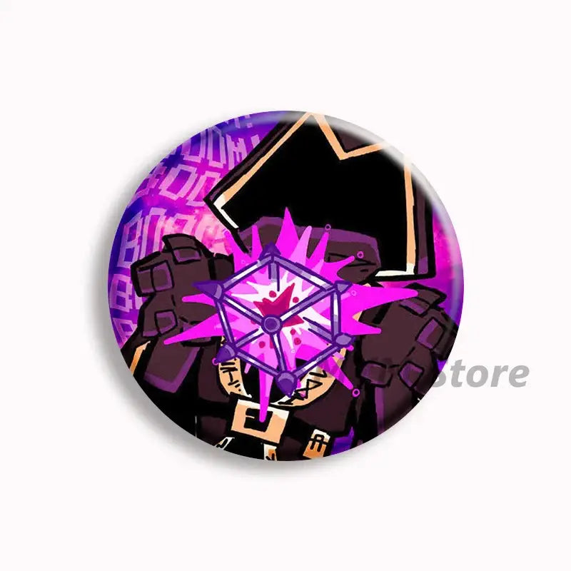 Purple and black illustrated forsaken telamon button pin featuring a stylized character with geometric design elements
