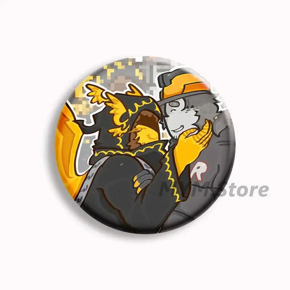 Forsaken telamon button pin with cartoon black and gold dragon character and gray figure wearing orange hat on pixelated background