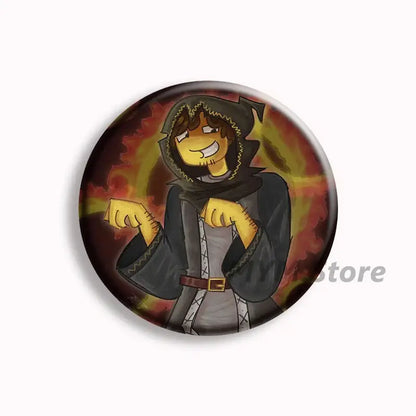 Circular forsaken telamon button pin featuring a cartoon character with brown hair in black hooded cloak