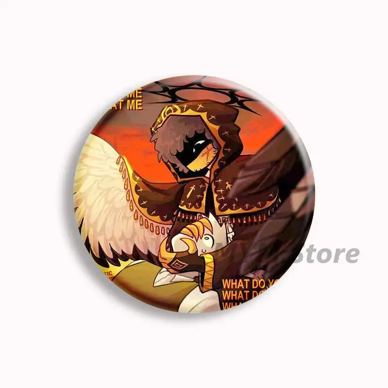 Circular forsaken telamon button pin featuring an illustrated character with brown wings and dark hooded cloak on orange background