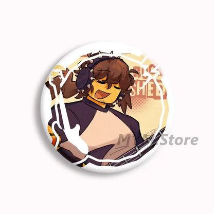 Forsaken telamon button pin featuring an illustrated character with brown hair headphones and guitar on yellow background