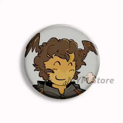 Circular forsaken telamon button pin featuring a smiling cartoon character with brown curly hair and wings on gray background