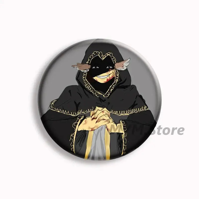 Forsaken telamon black and gold button pin featuring a masked hooded figure in a robe with golden trim anime badge