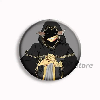 Forsaken telamon black and gold button pin featuring a masked hooded figure in a robe with golden trim anime badge
