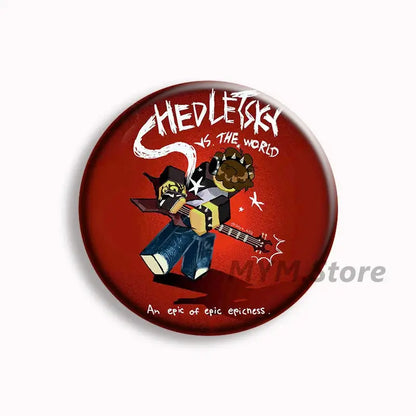 Red circular button pin featuring cartoon characters from forsaken telamon in an anime badge design