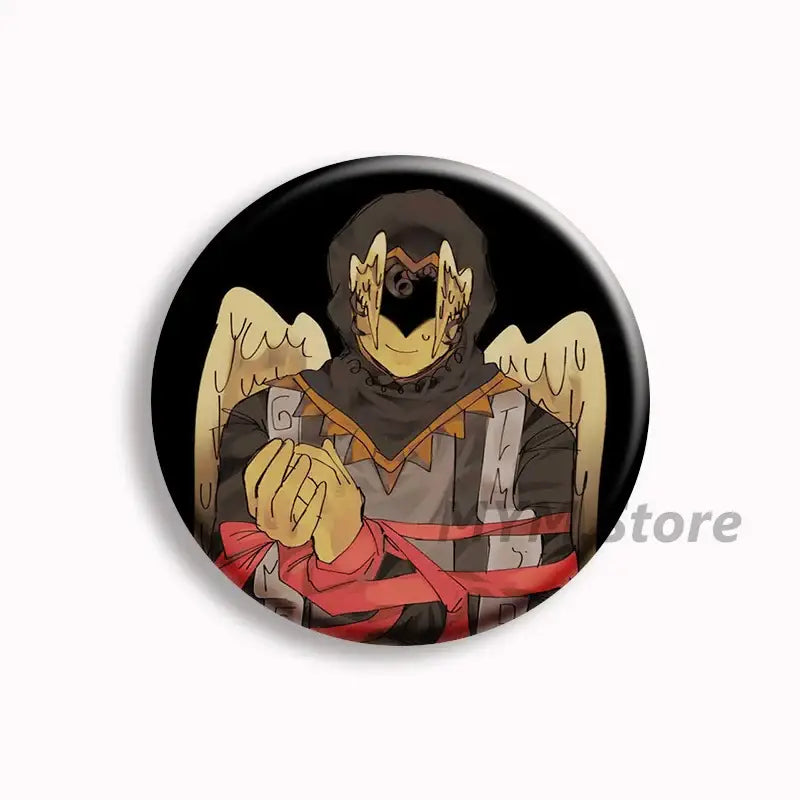 Black circular button pin featuring forsaken telamon with golden wings hooded outfit and red wrist ribbons