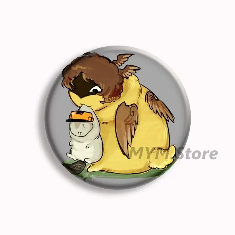 Circular button pin featuring a cartoon yellow winged creature holding a small white character from forsaken telamon