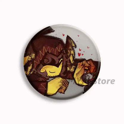 Circular forsaken telamon button pin featuring cartoon dark brown and yellow dragons with red hearts anime badge