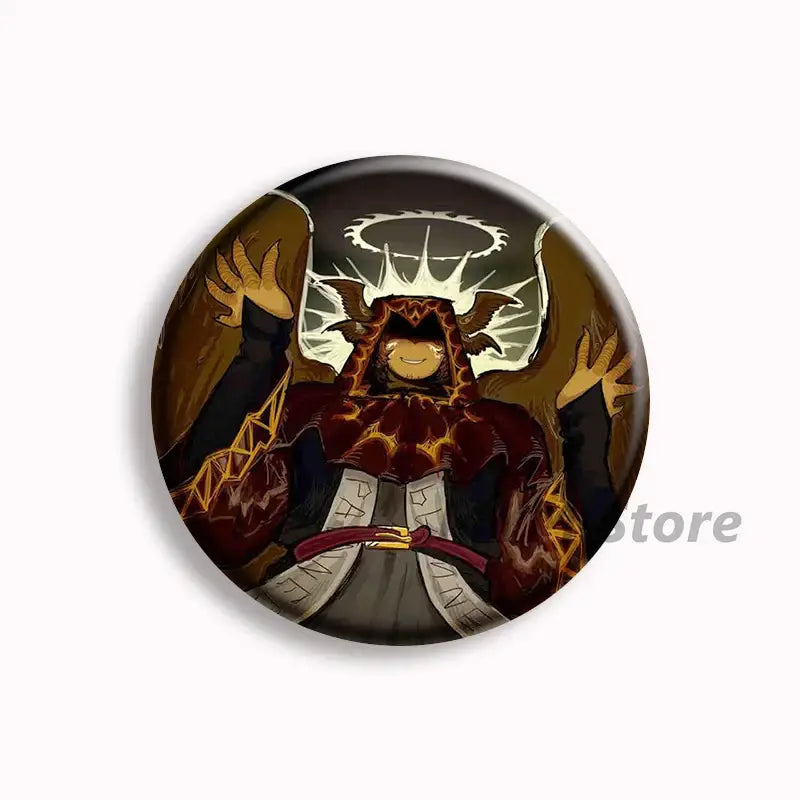 Circular forsaken telamon button pin featuring a fiery red and gold armored character with glowing white wings