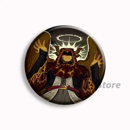 Circular forsaken telamon button pin featuring a fiery red and gold armored character with glowing white wings