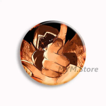 Circular button pin featuring forsaken telamon anime-style character with brown feathers and wings giving thumbs-up gesture
