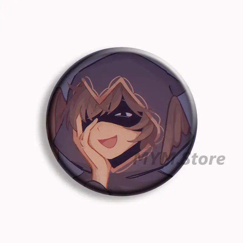 Circular button pin featuring forsaken telamon anime character with brown hair black eye mask and wings on dark purple background