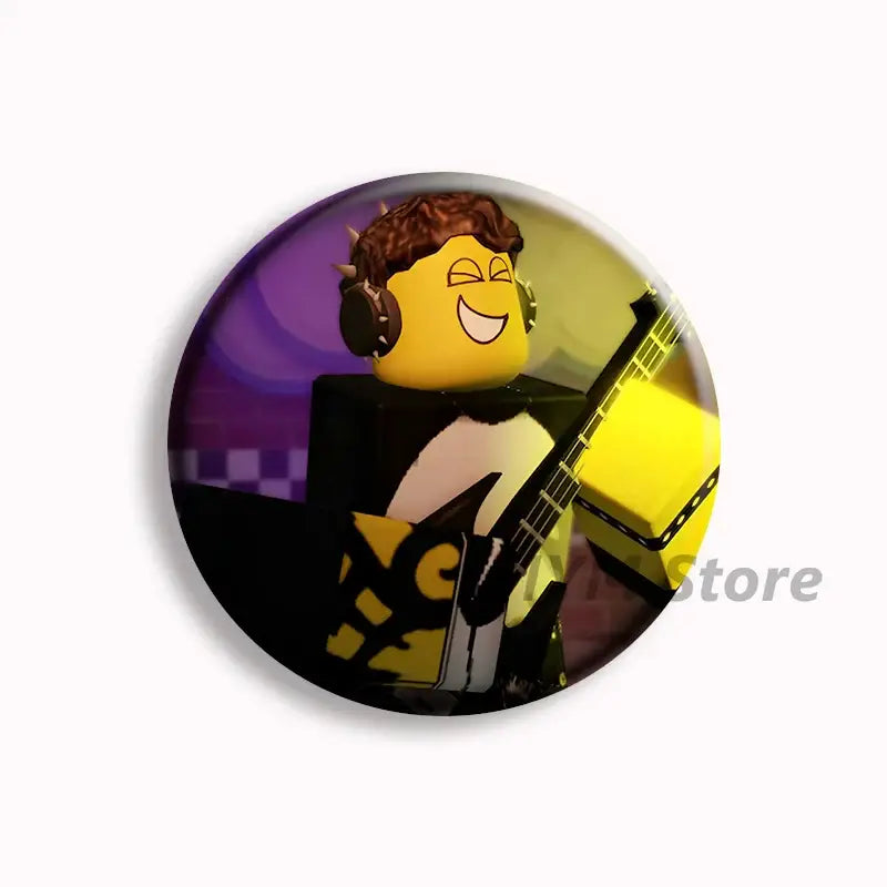 Forsaken telamon button pin featuring a smiling yellow roblox character with headphones and glowing guitar on purple background
