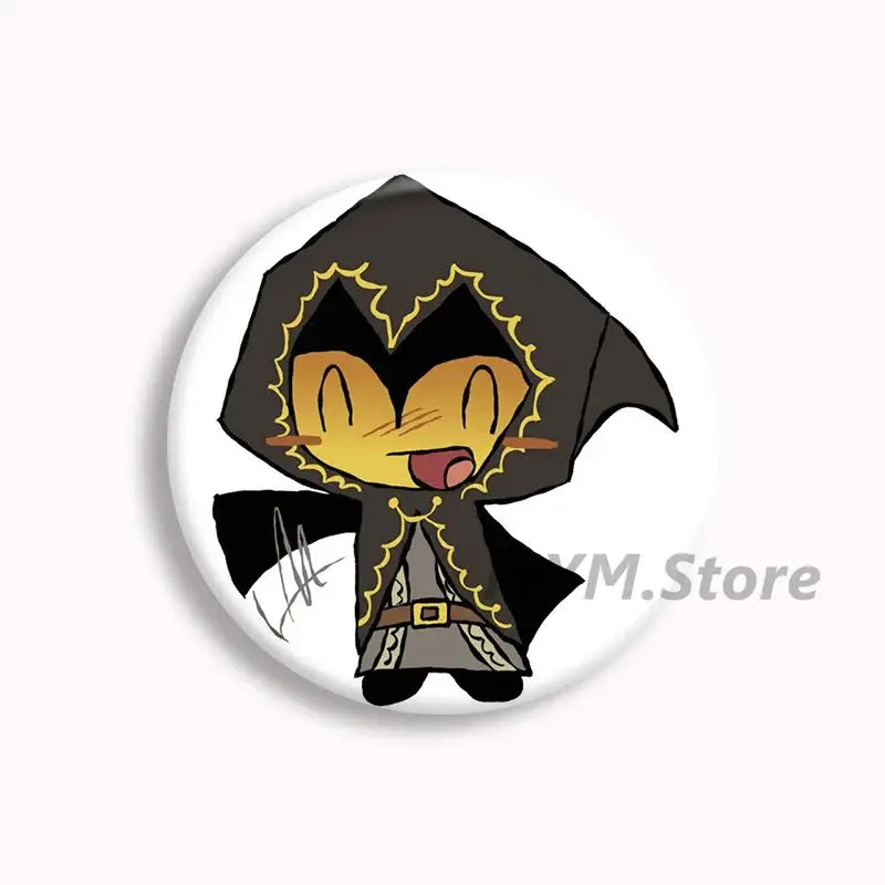 Black and gold hooded forsaken telamon button pin with cartoon design anime badge accessory
