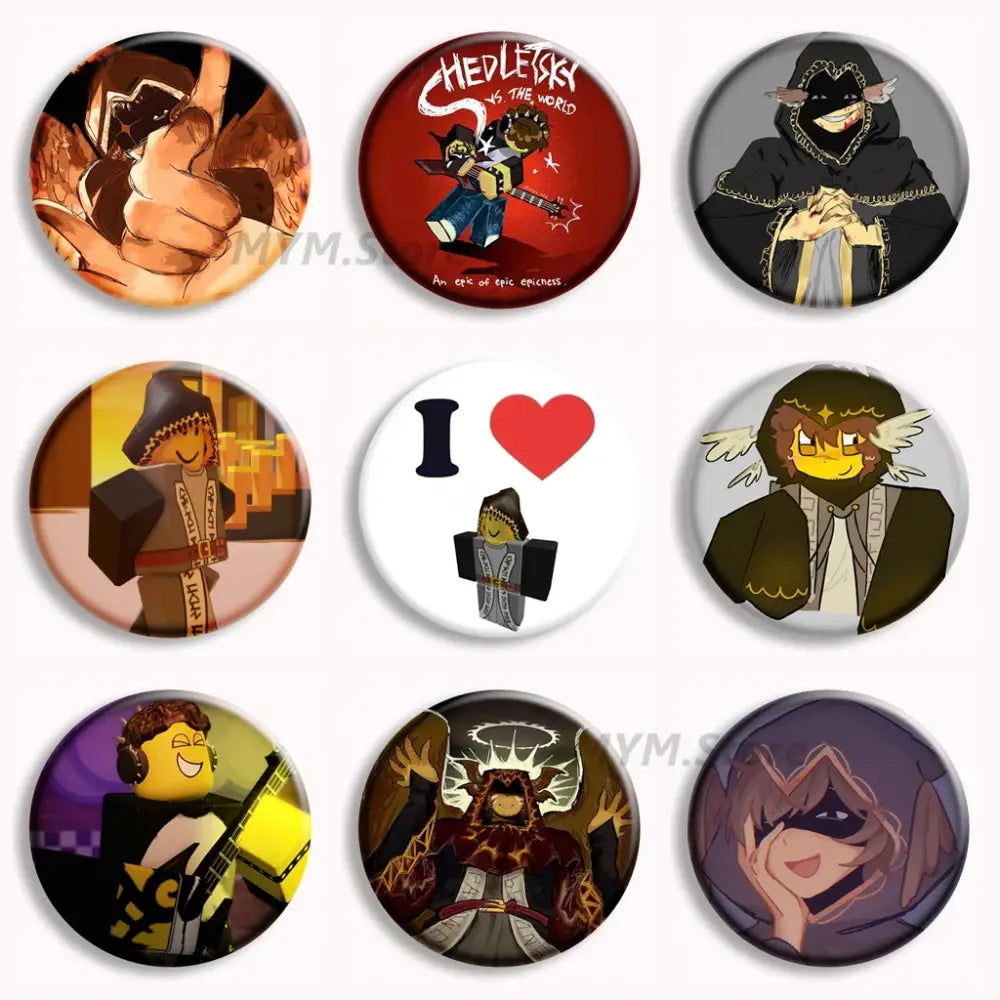 Set of nine colorful circular button pins featuring forsaken telamon and shedlegs vs the world roblox themes