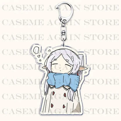 Frieren beyond journey’s end acrylic keychain featuring a silver-haired chibi character with blue scarf bag charm