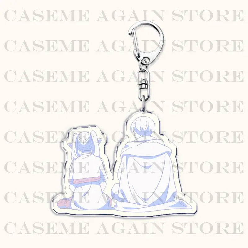 Clear acrylic keychain featuring two anime characters sitting back-to-back in light blue hair and white robe as bag charm