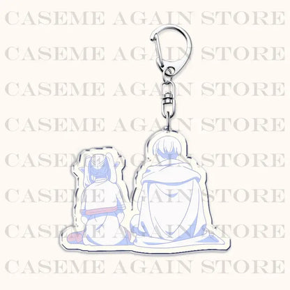 Clear acrylic keychain featuring two anime characters sitting back-to-back in light blue hair and white robe as bag charm