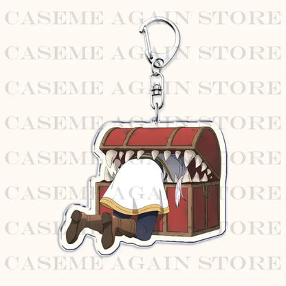 Red and brown acrylic keychain treasure chest with frieren character peeking bag charm for bags or keys