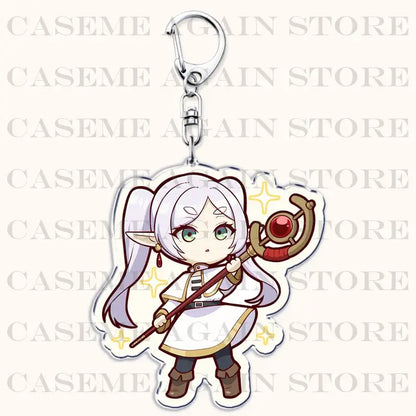 Frieren beyond journey’s end acrylic keychain featuring a silver-accented elf chibi with white hair as a bag charm