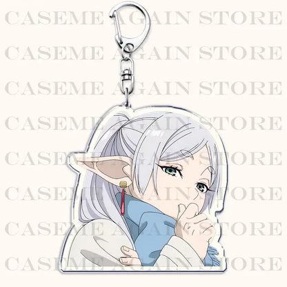 Clear acrylic keychain featuring silver-haired anime character with pointed ears and blue scarf from frieren bag charm