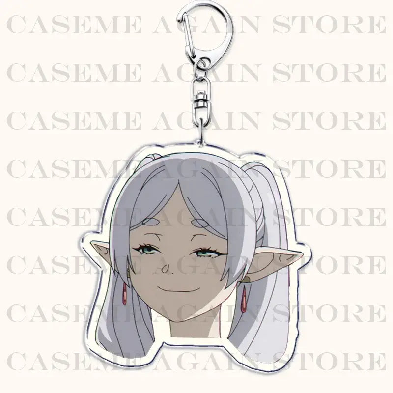 Silver acrylic keychain featuring a smiling elf with long silver hair and red earrings from Frieren beyond journey end bag charm