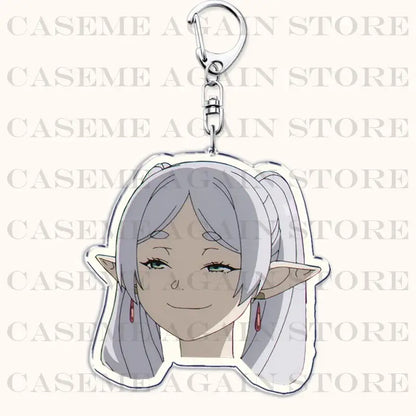 Silver acrylic keychain featuring a smiling elf with long silver hair and red earrings from Frieren beyond journey end bag charm