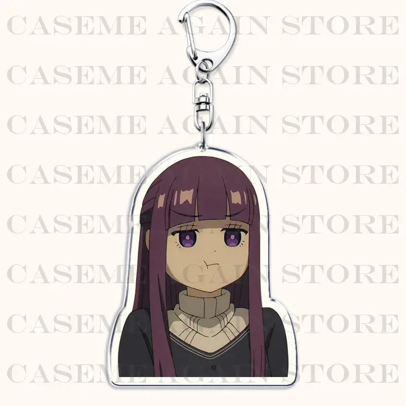 Purple-haired frieren acrylic keychain with clear body and silver clasp used as a bag charm from beyond journey end