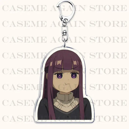 Purple-haired frieren acrylic keychain with clear body and silver clasp used as a bag charm from beyond journey end