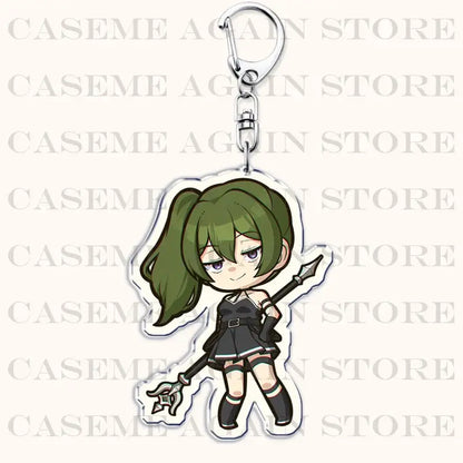 Frieren beyond journey’s end chibi acrylic keychain featuring green-haired character in black outfit holding spear bag charm