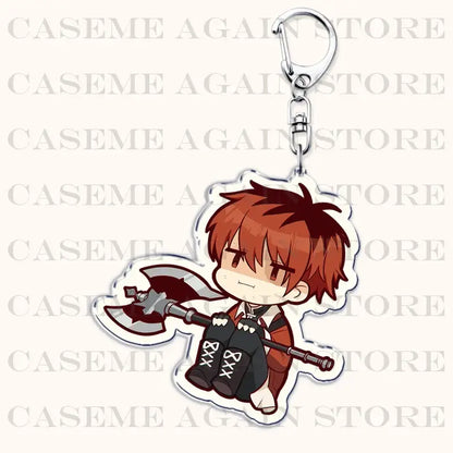 Frieren beyond journey end acrylic keychain featuring red-haired chibi character with axe in orange black outfit bag charm