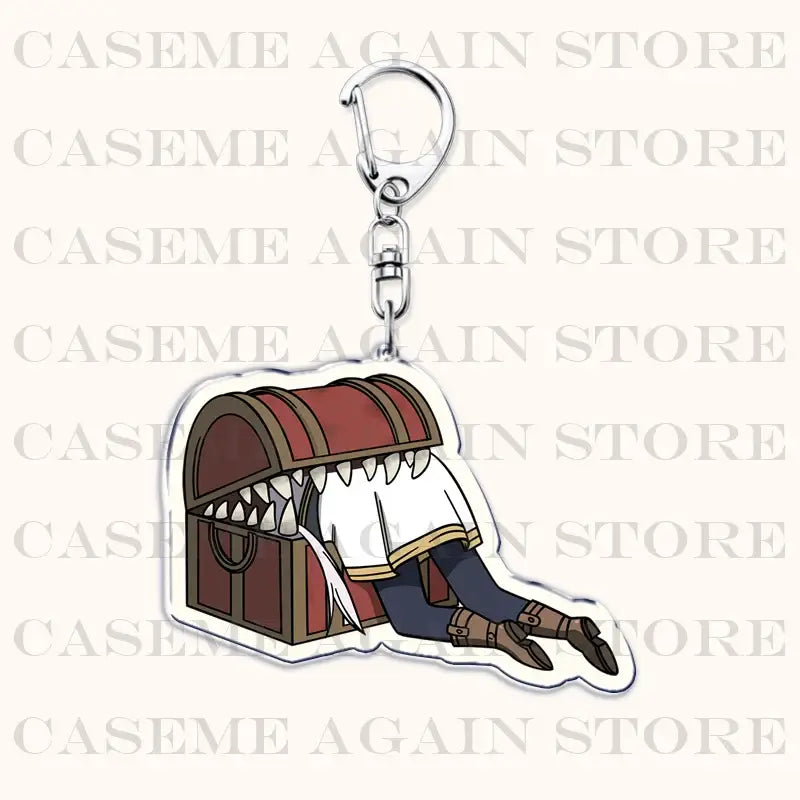 Frieren beyond journey end acrylic keychain featuring a sharp-toothed treasure chest with anime character bag charm