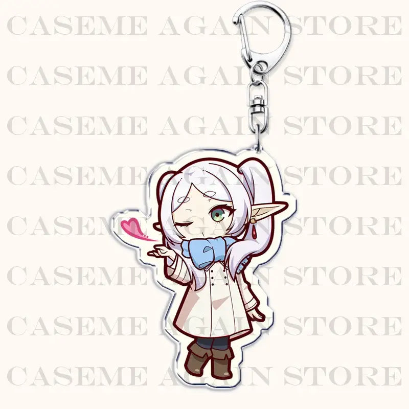Frieren beyond journey’s end acrylic keychain bag charm featuring a silver-white haired chibi anime character with green eyes