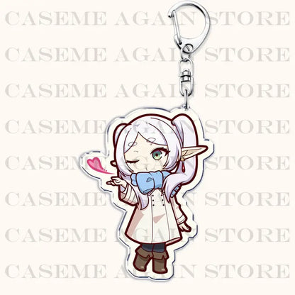 Frieren beyond journey’s end acrylic keychain bag charm featuring a silver-white haired chibi anime character with green eyes