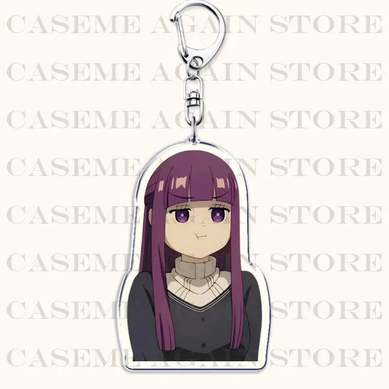 Frieren beyond journey’s end purple-haired acrylic keychain with clear body and silver clasp bag charm