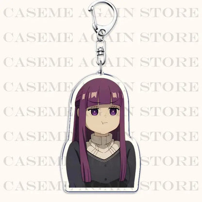 Frieren beyond journey’s end purple-haired acrylic keychain with clear body and silver clasp bag charm