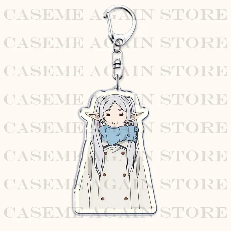Frieren beyond journey’s end acrylic keychain featuring silver elf with white hair blue scarf and white coat bag charm