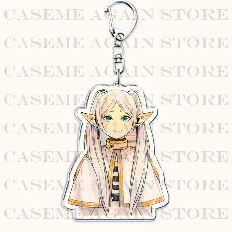 Clear acrylic Frieren acrylic keychain bag charm featuring blonde anime character with teal eyes and white robe with gold trim