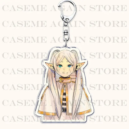 Clear acrylic Frieren acrylic keychain bag charm featuring blonde anime character with teal eyes and white robe with gold trim