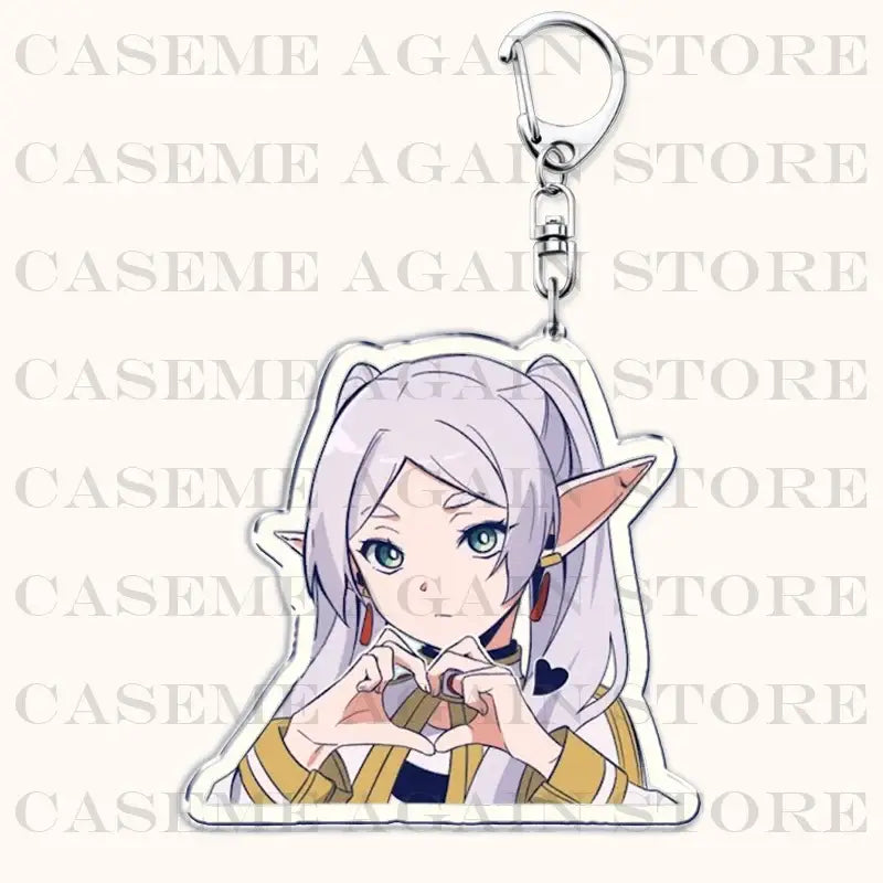 Clear acrylic keychain bag charm featuring silver haired anime character frieren forming a heart with her hands